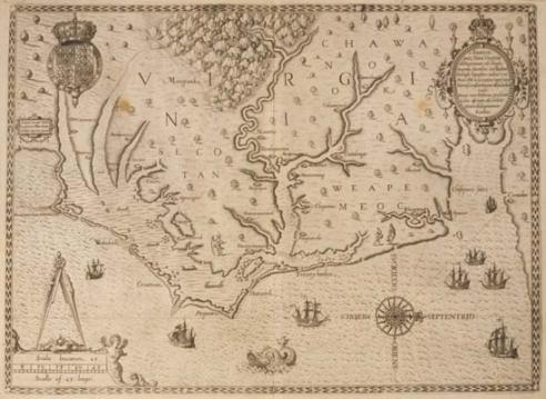 1590 John White/Theodore De Bry Map Americae pars, Nunc Virginia dicta (Frankfurt, Germany)
