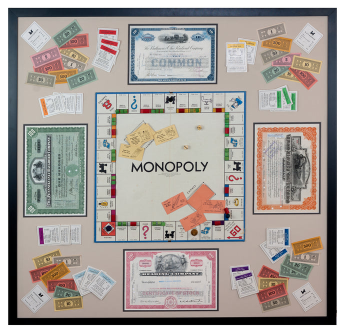Framed Vintage Monopoly Game with Railroad Stock Certificates
